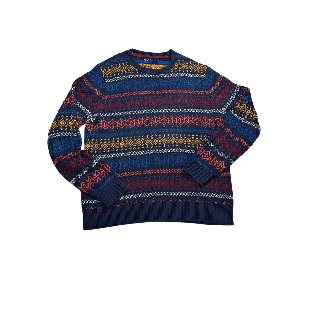 Nautica Mens M Fair Isle Sweater Navy 100% Cotton Nordic Crewneck Anchor
